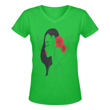 Load image into Gallery viewer, R&RH Woman Rose Womens Green Designer T-shirt Women's Deep V-neck T-shirt (Model T19)