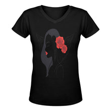 Load image into Gallery viewer, R&RH Woman Rose Womens Black Designer T-shirt Women's Deep V-neck T-shirt (Model T19)
