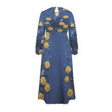 Load image into Gallery viewer, Rich and Rich Yellow Blue Roses Round Neck Long Sleeve Belted Maxi Dress Round Neck Long Sleeve Belted Maxi Dress