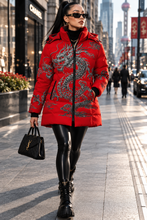 Load image into Gallery viewer, Rich and Rich Women's Red Feng Shui Dragon Hooded Puffer Coat