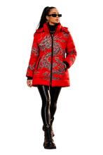 Load image into Gallery viewer, Rich and Rich Women's Red Feng Shui Dragon Hooded Puffer Coat