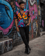 Load image into Gallery viewer, Rich and Rich Graffiti Print Men's Short Sleeved Shirt With Blue Lapel - Rich and Rich Homeopportunities