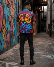 Load image into Gallery viewer, Rich and Rich Graffiti Print Men's Short Sleeved Shirt With Blue Lapel - Rich and Rich Homeopportunities