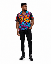 Load image into Gallery viewer, Rich and Rich Graffiti Print Men's Short Sleeved Shirt With Blue Lapel - Rich and Rich Homeopportunities