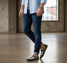 Load image into Gallery viewer, Rich and Rich Men's Yellow Abstract and Checkers Slip On Canvas Shoe Men's Slip-on Canvas Shoes (Model 019)