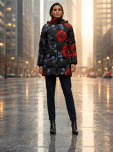 Load image into Gallery viewer, Rich and Rich Women's Black Hooded Puffer Coat with Red Roses | Luxury Floral Winter Jacket with Detachable Hood