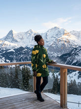 Load image into Gallery viewer, Rich and Rich Women's Emerald Green and Yellow Tulips Hooded Puffer Coat | Luxury Floral Winter Jacket with Detachable Hood