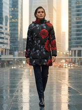 Load image into Gallery viewer, Rich and Rich Women's Black Hooded Puffer Coat with Red Roses | Luxury Floral Winter Jacket with Detachable Hood