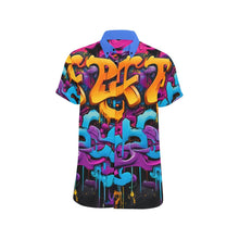 Load image into Gallery viewer, Rich and Rich Graffiti Print Men's Short Sleeved Shirt With Blue Lapel - Rich and Rich Homeopportunities