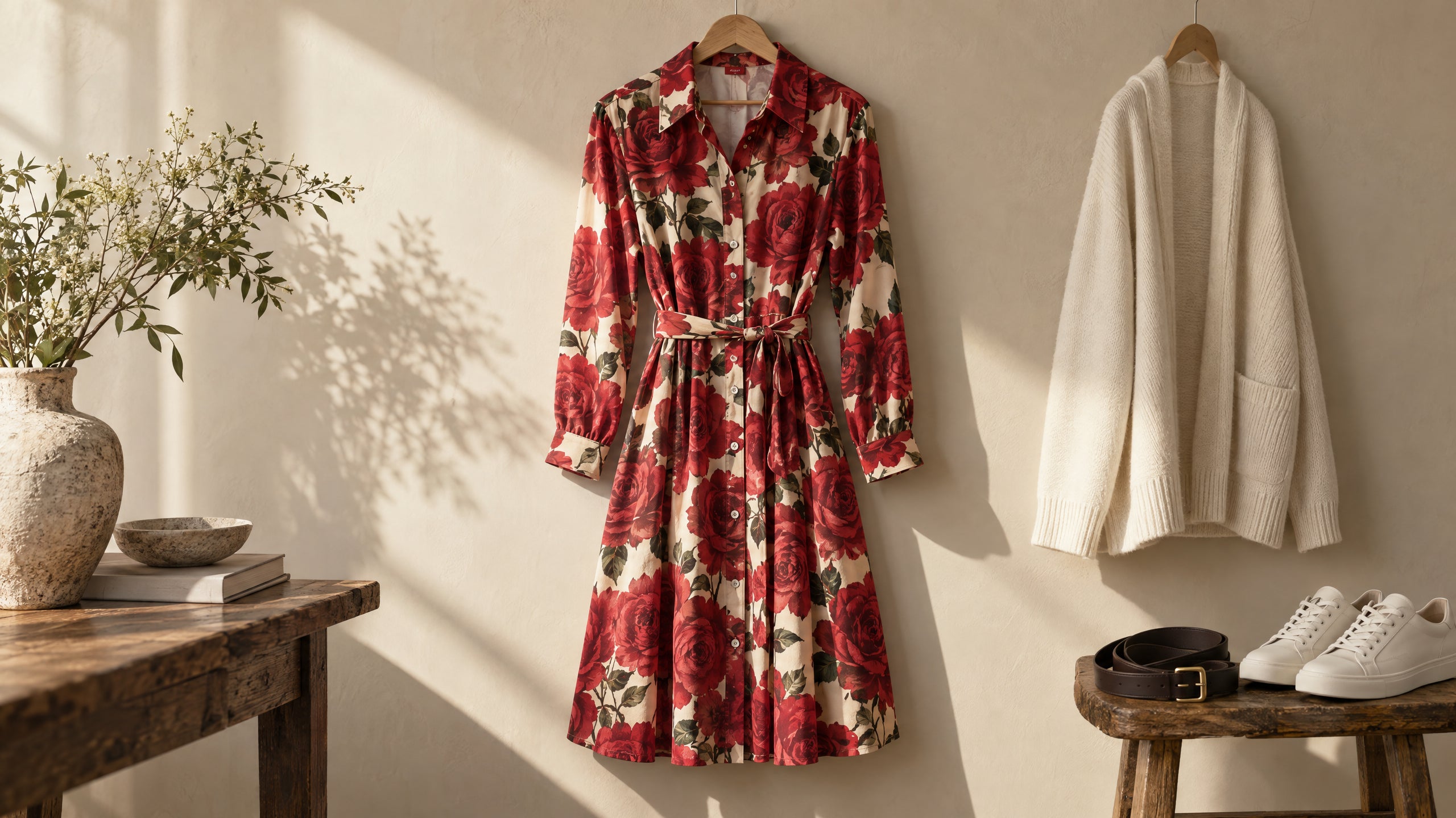 Original AI-generated styling scene with a red rose-print button-up shirt dress on a hanger beside a cream cardigan, dark belt, and white sneakers.