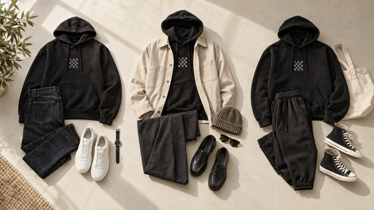 Original AI-generated flat-lay of three black graphic hoodies styled with dark denim, a cream overshirt and trousers, and joggers with casual shoes.