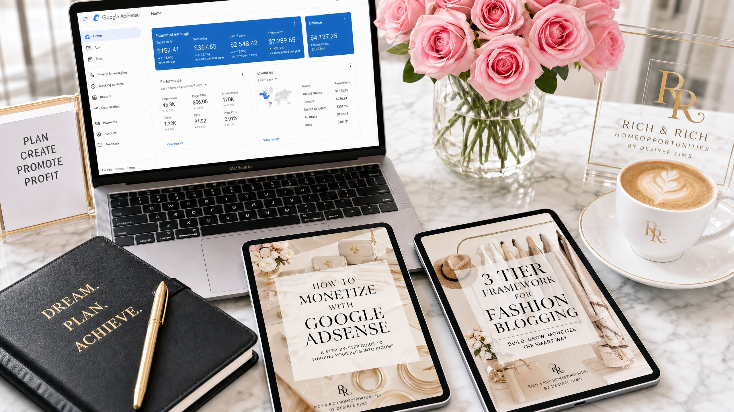 Fashion blogger workspace with Google AdSense dashboard and eBooks by Desiree Sims - Rich & Rich Homeopportunities