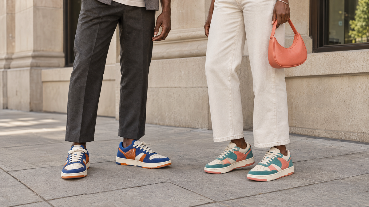 Colorful sneakers styled with charcoal trousers and cream denim on a city sidewalk.