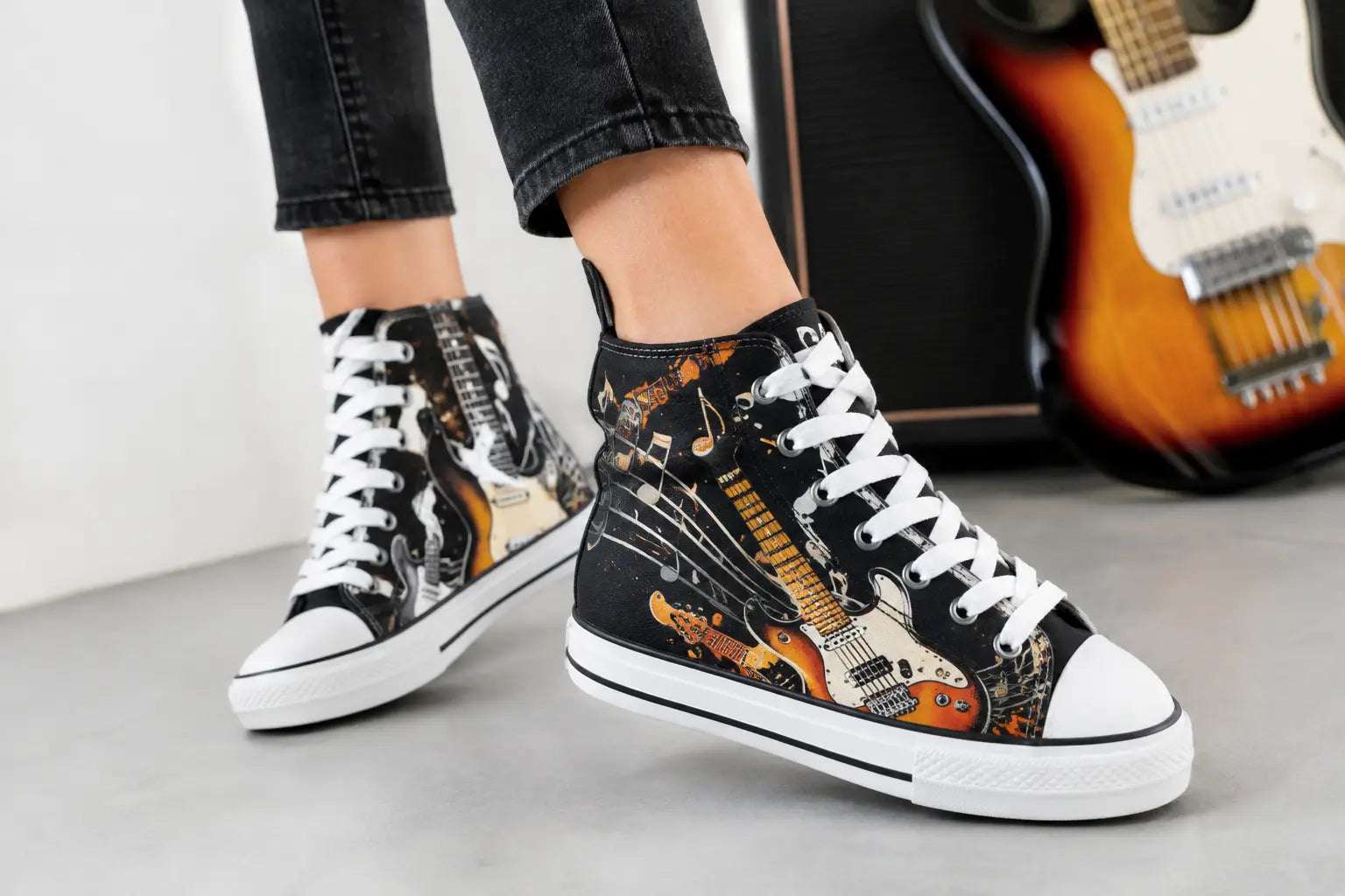 Music Themed Sneakers, Guitar Print Shoes