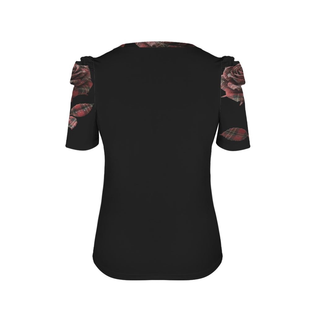 Rich and Rich Red Rose Women's Black Puff Sleeve T-Shirt with floral print