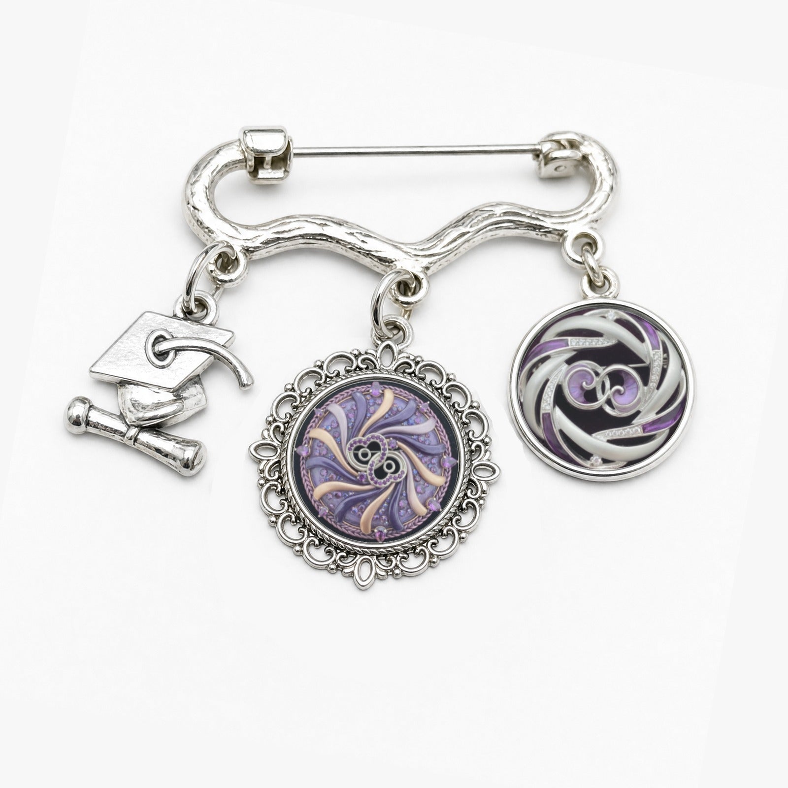 Purple abstract motif charm brooch with two round photo charms and a graduation cap charm