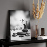 Vertical black and white canvas print with textured surface, 16x20 inches — rear view