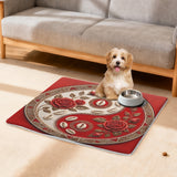 Plush Yin-Yang pet mat with tribal accents and floral details in black and ivory, 25 by 18 inches — side view