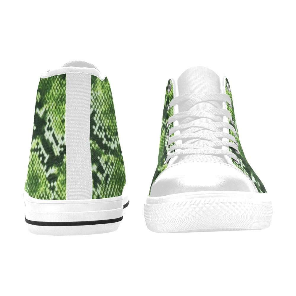 Green abstract canvas high-top women's sneaker with white trim and rubber sole — rear view
