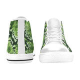 Green abstract canvas high-top women's sneaker with white trim and rubber sole — rear view