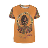 Women's orange crewneck T-shirt with Divine Feminine graphic print — side view