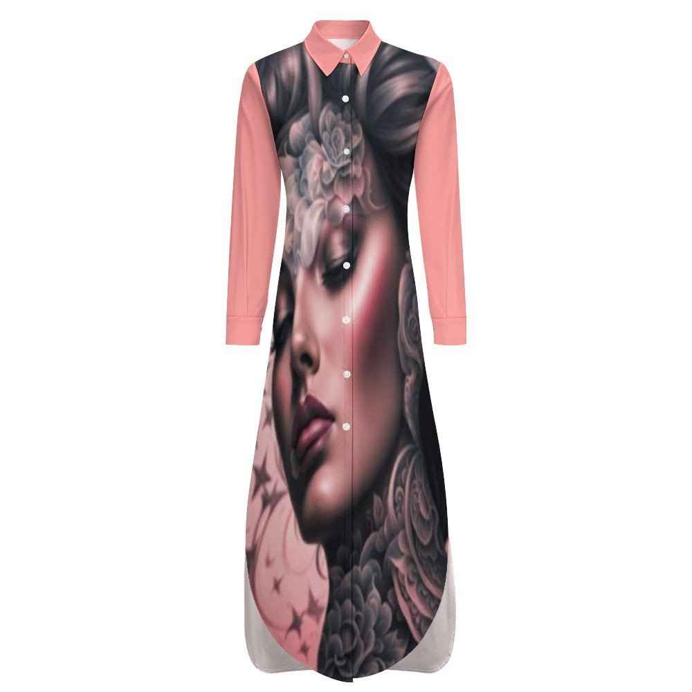 Pink peach long-sleeve button-up shirt dress with split hem and all-over print — rear view