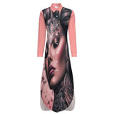 Pink peach long-sleeve button-up shirt dress with split hem and all-over print — rear view