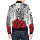 Black bomber jacket with red and white lion and rose prints and full-length zipper — alternate view