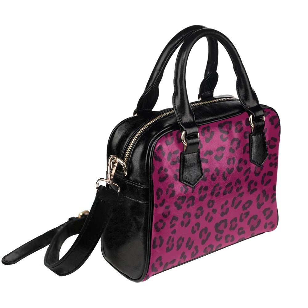 Magenta animal-print PU shoulder handbag with double handles and removable strap — product detail