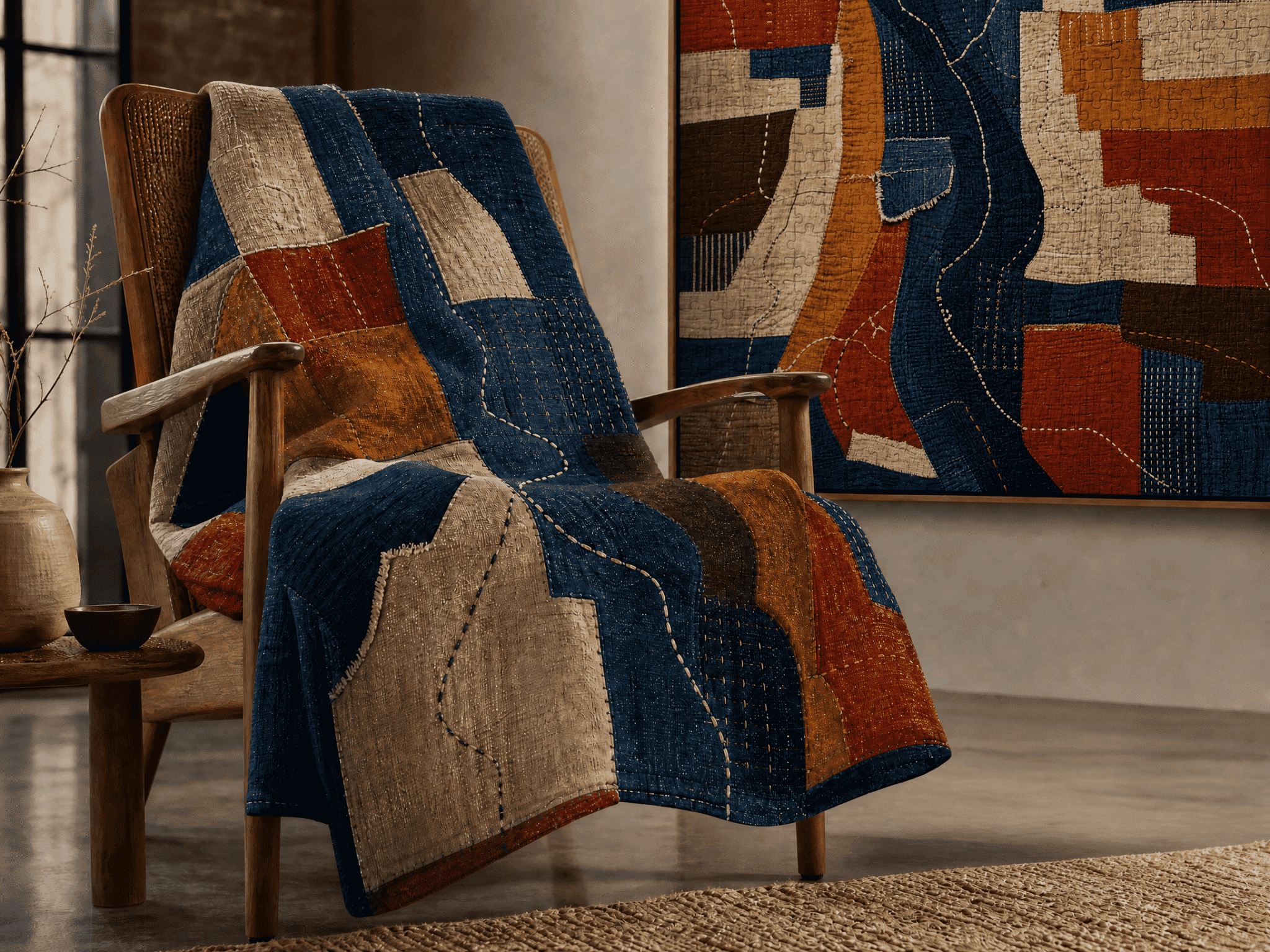 50 x 60 sherpa fleece throw with indigo, rust and ochre geometric Gee’s Bend–inspired print