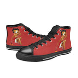 Red women's high-top canvas sneakers with lace-up closure and painted midsole — alternate view