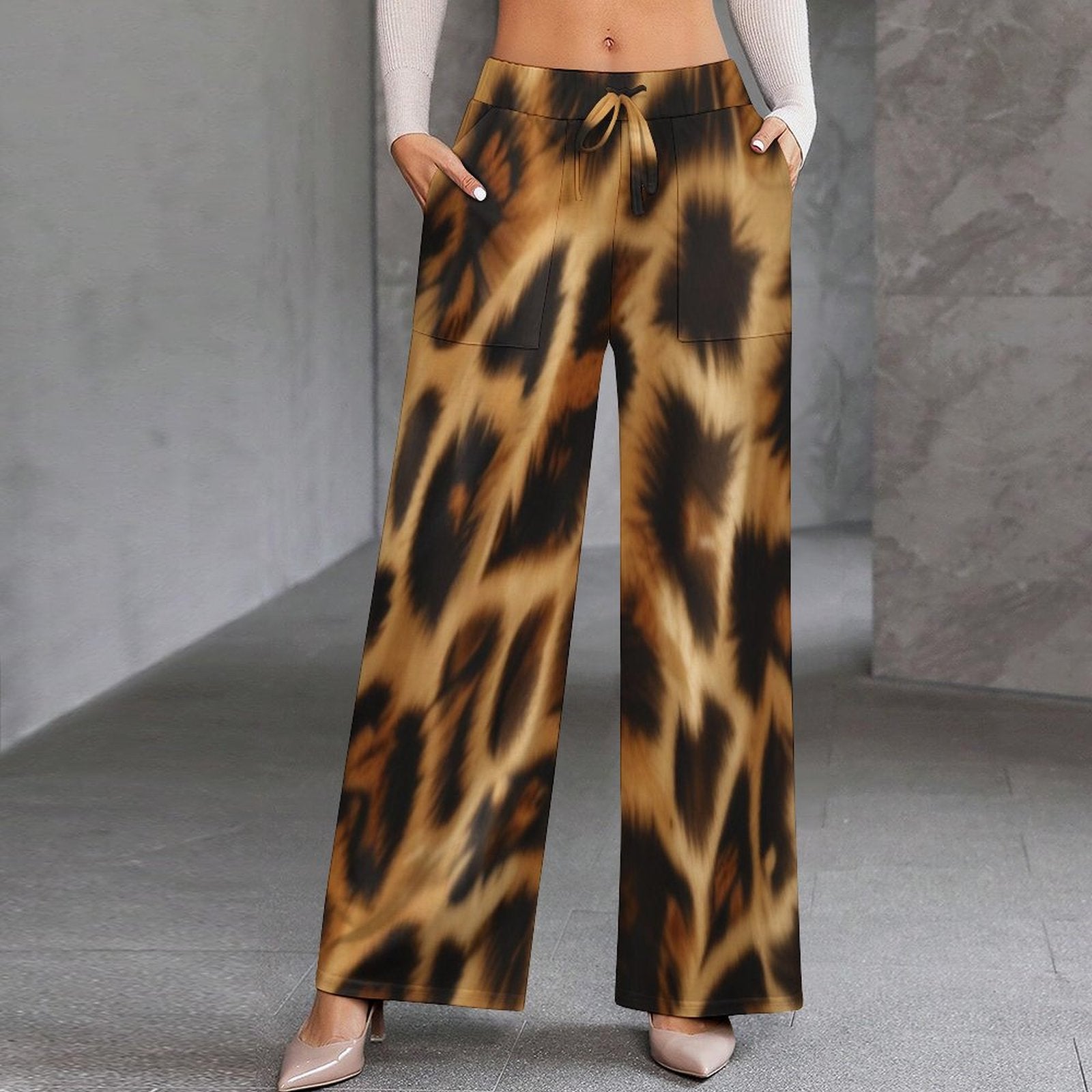 Brown animal print wide-leg women's pants with drawstring waist and side pockets — rear view