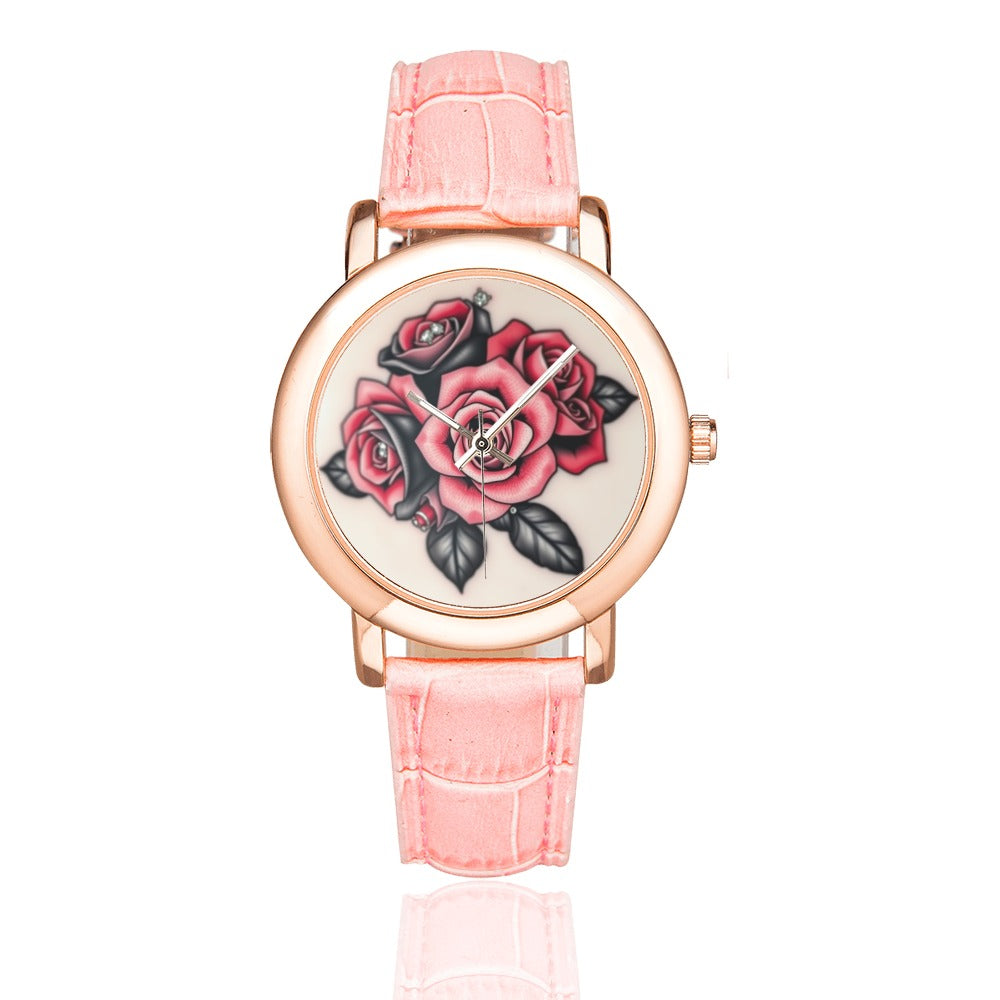 R&RH Roses Women's Rose Gold Band Watch with Rose Gold Leather Strap Model 201