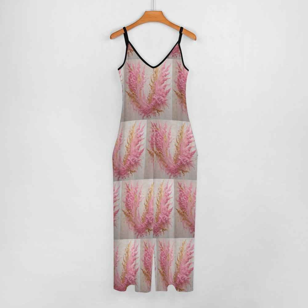 Waterproof gray and pink floral women's suspender jumpsuit with deep V-neck and loose legs — rear view