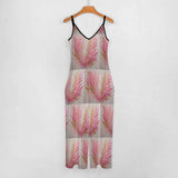 Waterproof gray and pink floral women's suspender jumpsuit with deep V-neck and loose legs — rear view