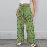 Green floral wide-leg women's pants with elastic waistband, tied belt, and side pockets — product detail