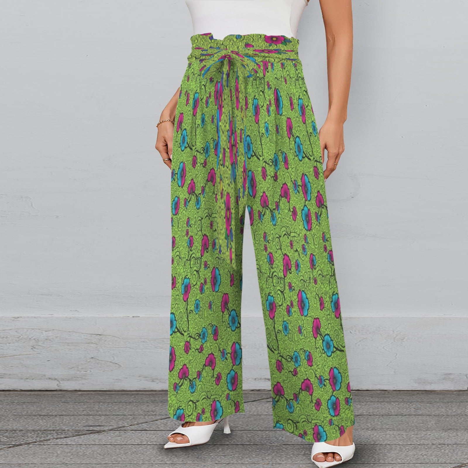 Green floral wide-leg women's pants with elastic waistband, tied belt, and side pockets — product detail
