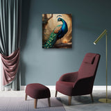 Vertical peacock canvas print in vivid colors, hand-framed 20×24 inches — rear view