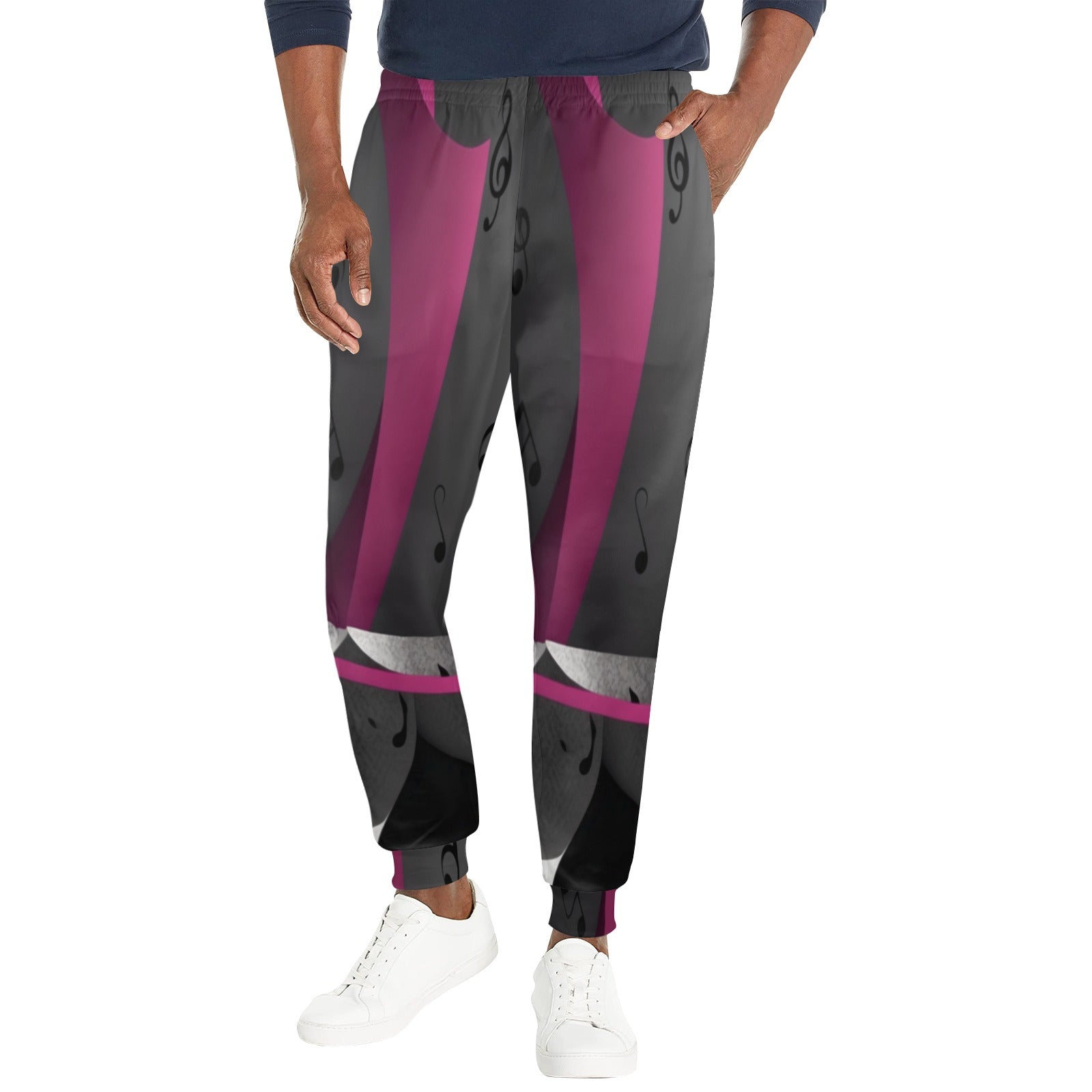 Men's tapered sweatpants with magenta musical notes print and a wide drawstring waistband