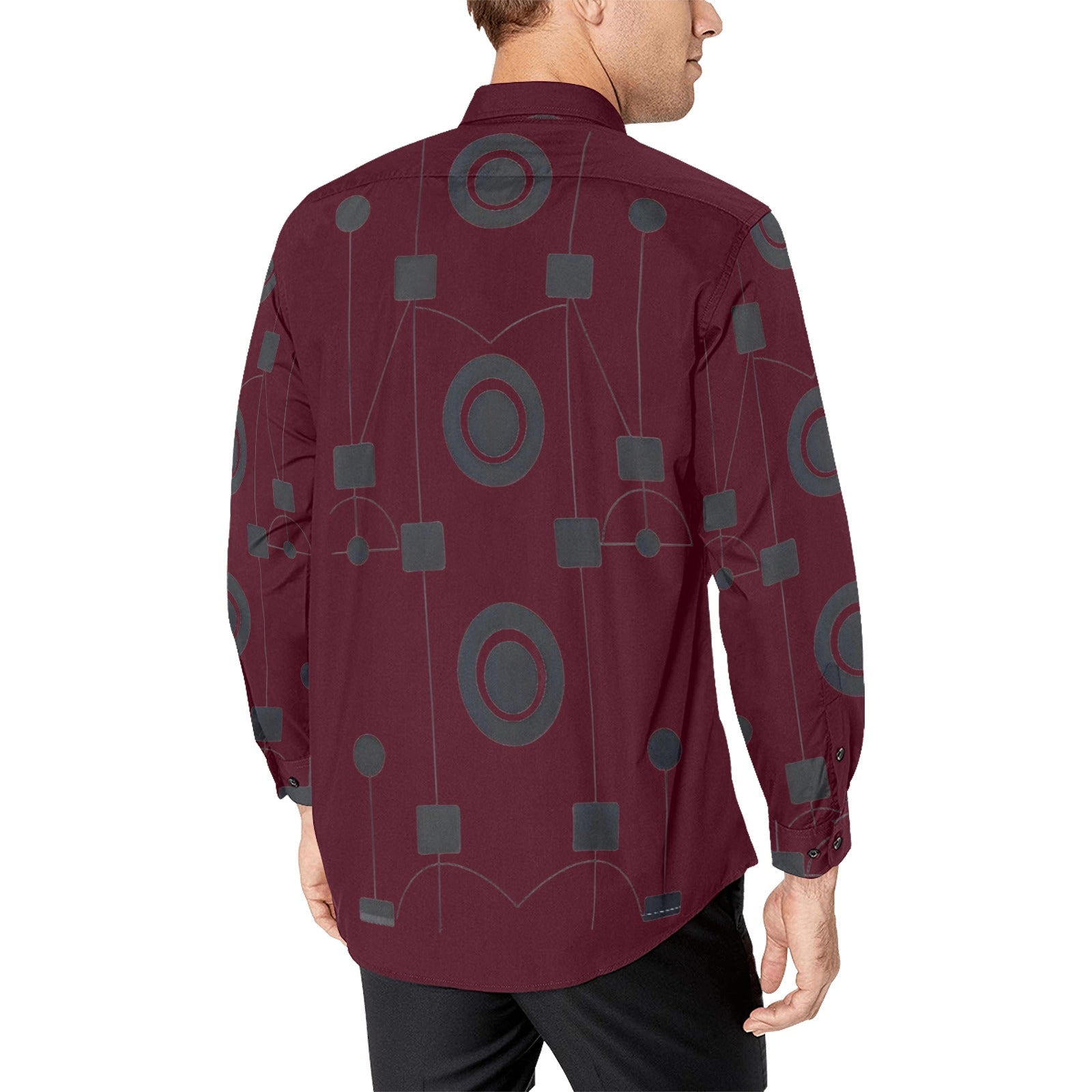 Men's long-sleeve burgundy geometric dress shirt with button-down collar and chest pocket — alternate view
