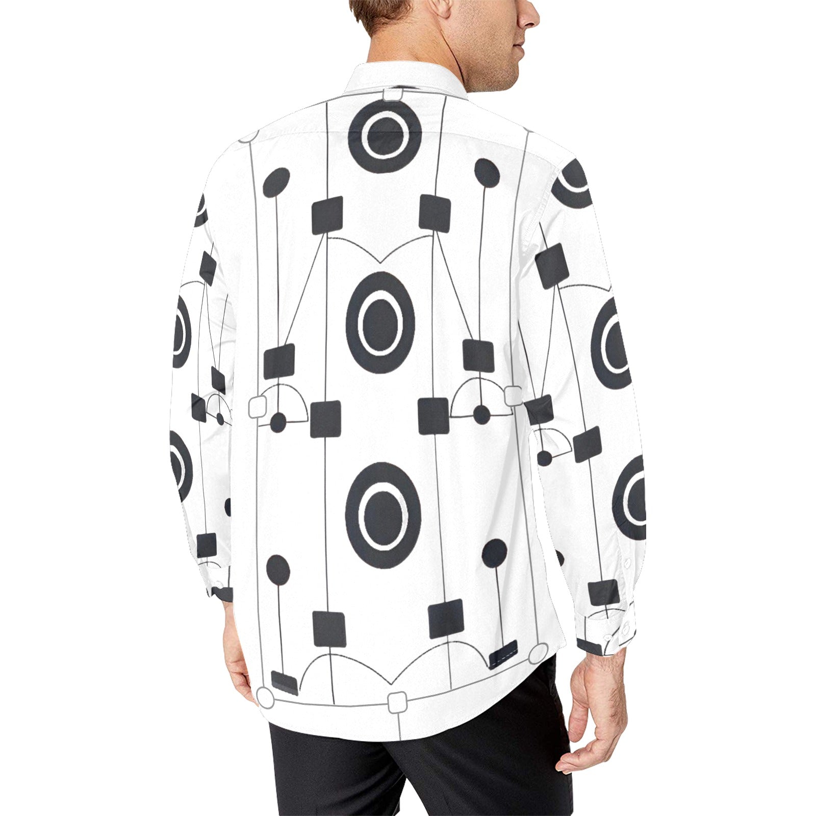 Men's white geometric dress shirt with button-down collar and no chest pocket — alternate view