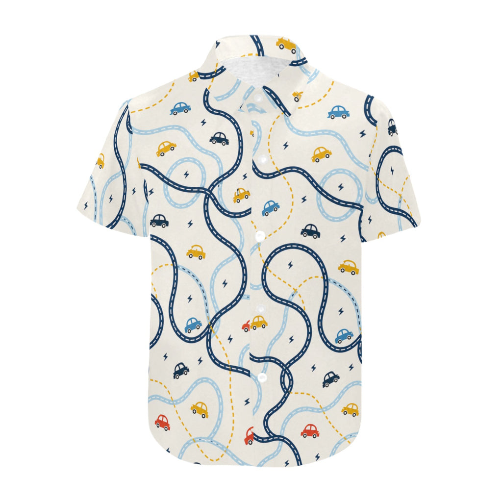 Rich and Rich Boys’ Cars Beige Summer Short Sleeve Stretch Shirt | Four-Way Stretch Kids Shirt