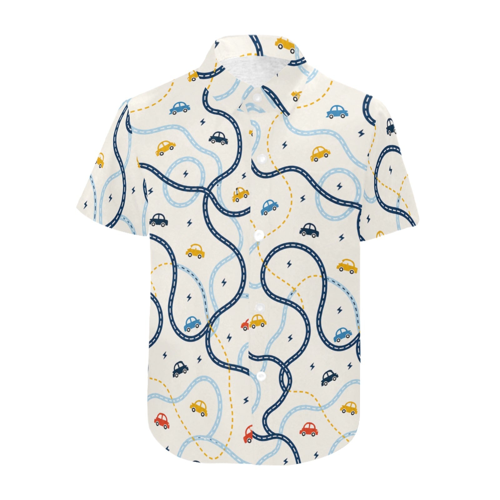 Rich and Rich Boys’ Cars Beige Summer Short Sleeve Stretch Shirt | Four-Way Stretch Kids Shirt
