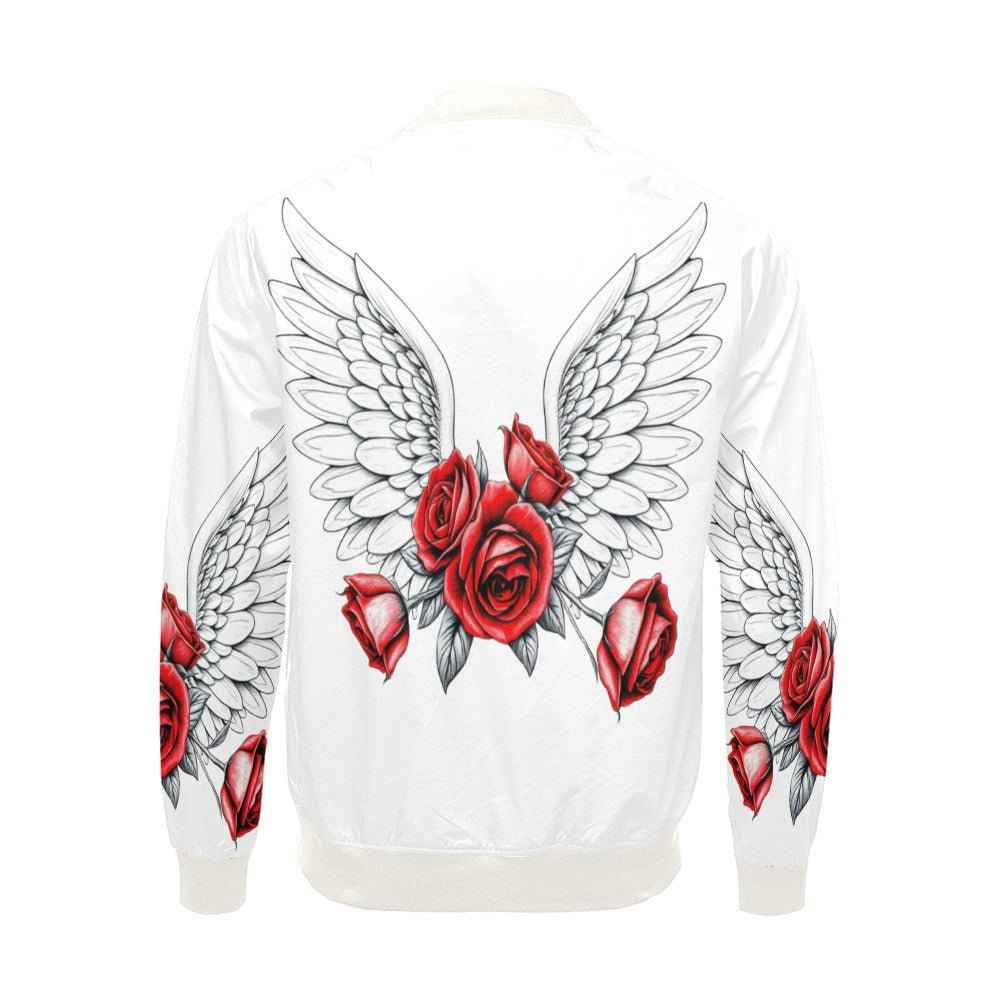 White bomber jacket with red wings and roses all-over print, ribbed collar and zip front — alternate view