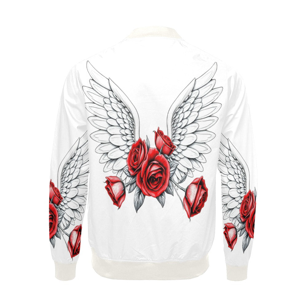 R&RH Mens Wings and Roses White Full Zip Bomber Jacket with all over print and ribbed collar