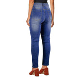 Women's high-waist jeans with floral embroidery on front and five-button closure — product detail