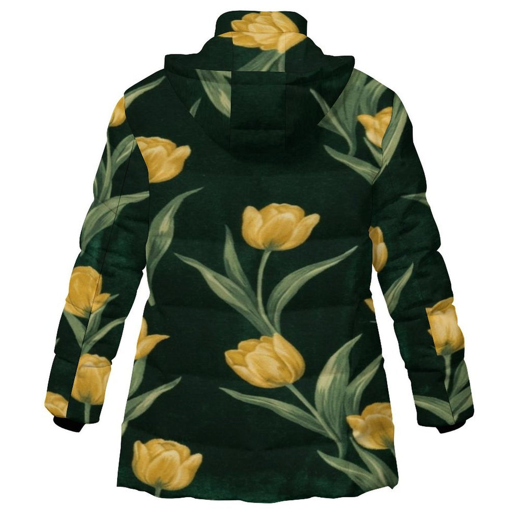Rich and Rich Women's Emerald Green and Yellow Tulips Hooded Puffer Coat | Luxury Floral Winter Jacket with Detachable Hood - Rich and Rich Homeopportunities