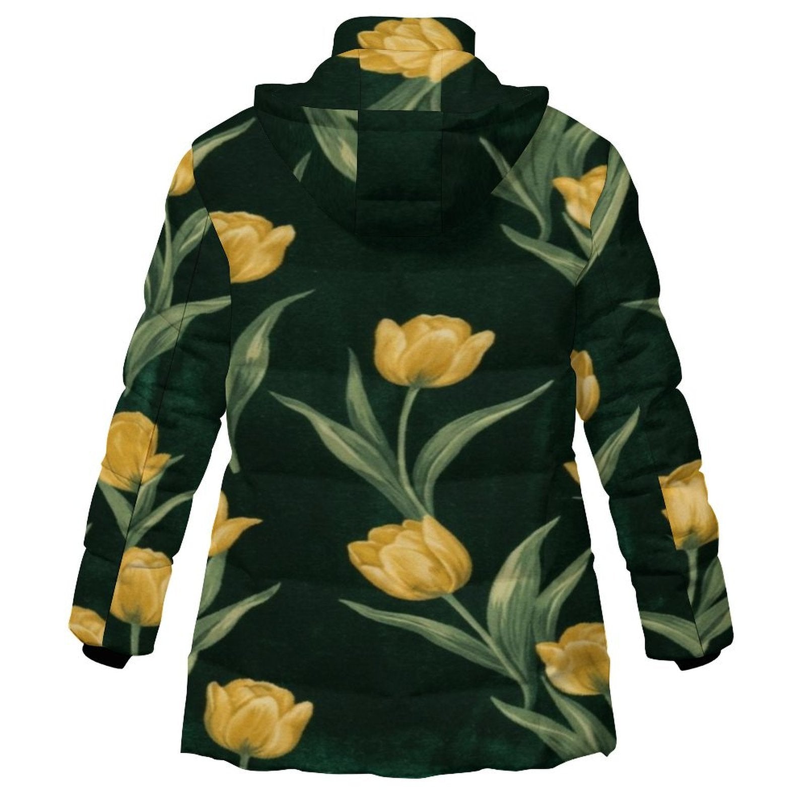 Rich and Rich Women's Emerald Green and Yellow Tulips Hooded Puffer Coat | Luxury Floral Winter Jacket with Detachable Hood - Rich and Rich Homeopportunities