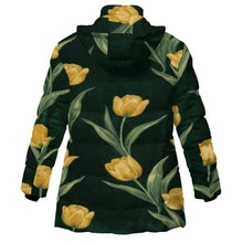 Load image into Gallery viewer, Rich and Rich Women's Emerald Green and Yellow Tulips Hooded Puffer Coat Women's Hooded Puffer Coat - Rich and Rich Homeopportunities
