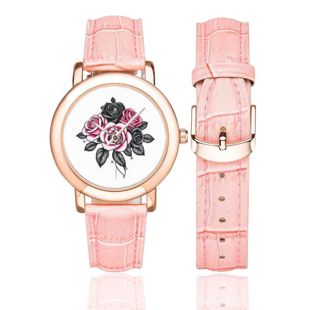R&RH Pink Roses women's rose gold watch with leather strap